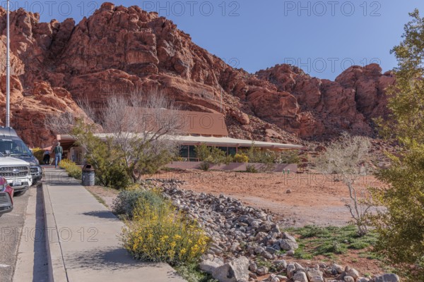 Visitor Center at the base of large red rock formations in Valley of Fire State Park near Overton, Nevada