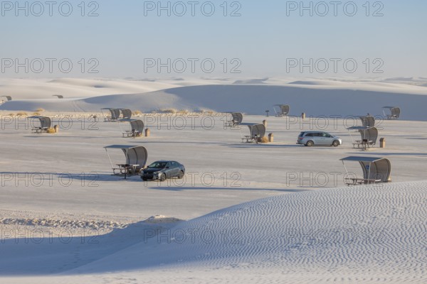 Parking and picnic area between the white gypsum sand dunes at White Sands National Park in Alamogordo, New Mexico, USA