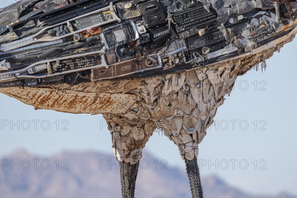Close up of Recycled Roadrunner statue made entirely from discarded materials by artist Olin Calk at an I-10 rest area on the west side of Las Cruces, NM