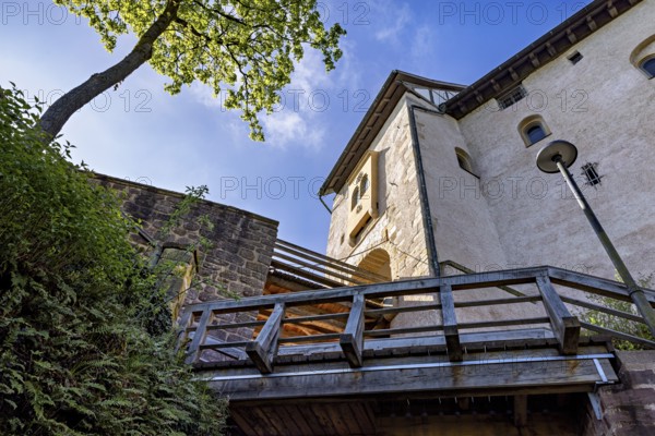 Close-up of part of a building with a wooden structure and wall, Wartburg Castle near Eisenach in Thuringia