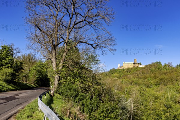 Castle in the distance, next to a winding road, surrounded by trees, The Wartburg near Eisenach in Thuringia