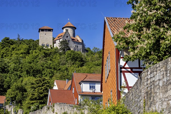 View of a village with red roofs, half-timbered houses and a castle in the background on a hill, Normannstein Castle near Treffurt in Thuringia