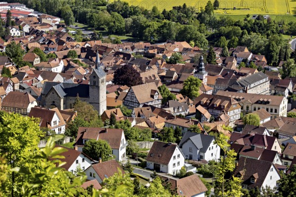 Panorama of a small town with a church, surrounded by fields and green countryside, The town of Treffurt in Thuringia