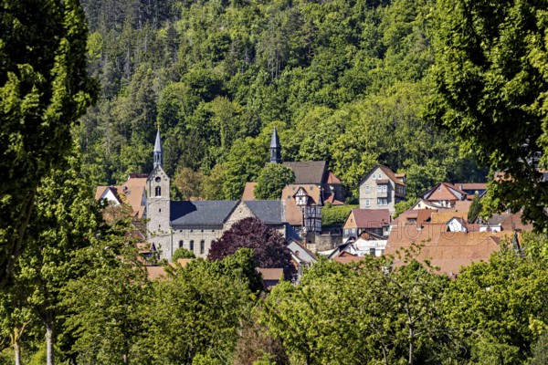 Idyllic village with a church and surrounded by green hills and dense forests, the town of Treffurt in Thuringia