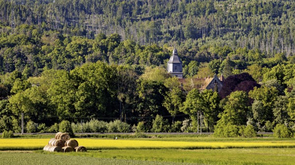 Landscape with church in the forest background and hay bales in the foreground, The church tower of the castle church of Herleshausen in Hesse