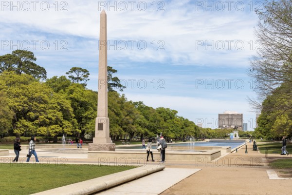 Pioneer Memorial Obelisk and the Molly Ann Smith Plaza at the end of the Mary Gibbs and Jesse H. Jones Reflection Pool at Hermann Park in downtown Houston, Texas