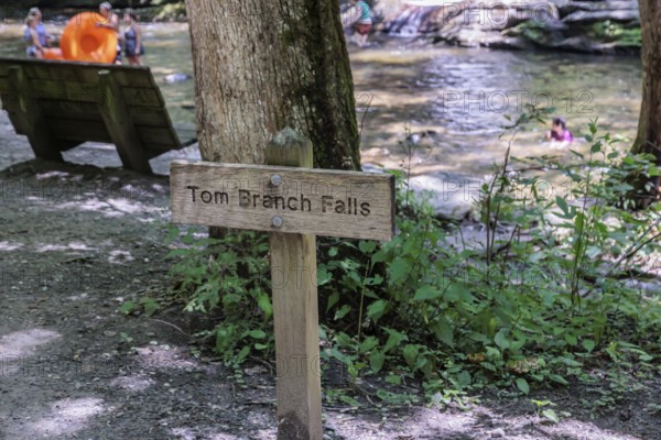 Sign at Tom Branch Falls along Deep Creek in the Smoky Mountains near Bryson City, North Carolina, USA