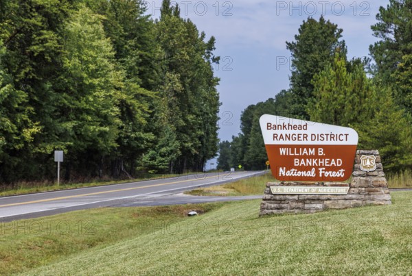 Sign for the Bankhead Ranger District office of the William B. Bankhead National Forest along highway 33 near Double Springs, Alabama