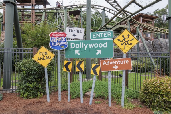 Road sign display for the Summer Celebration in the Dollywood amusement park in Pigeon Forge, TN