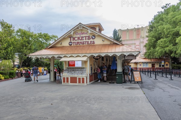 Ticket booth at the entrance to Dollywood amusement park in Pigeon Forge, TN