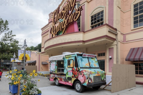 Blended Pedaler food truck parked at the entrance of the closed Chasing Rainbows theater at the Dollywood amusement park in Pigeon Forge, TN
