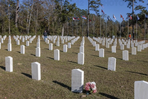 Headstones of many confederate soldiers at the Enterprise Confederate Cemetery in Enterprise, Mississippi, USA