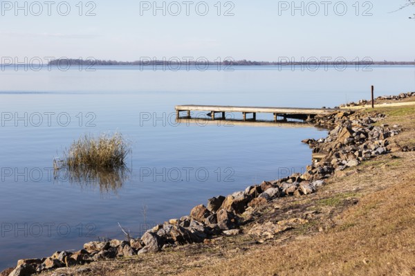 Small wooden dock and boat ramp on Lake Seminole at the Corps of Engineers Eastbank Campground near the Florida state line in Georgia