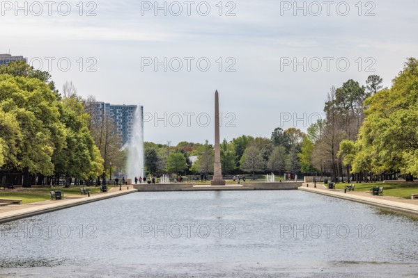 Pioneer Memorial Obelisk at the end of the Mary Gibbs and Jesse H. Jones Reflection Pool at Hermann Park in downtown Houston, Texas