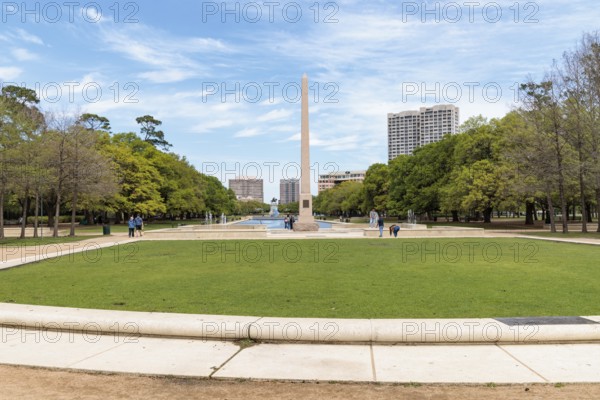 Pioneer Memorial Obelisk and the Molly Ann Smith Plaza at the end of the Mary Gibbs and Jesse H. Jones Reflection Pool at Hermann Park in downtown Houston, Texas