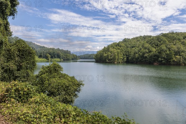 View of a part of Fontana Lake as seen from the open air car of the Great Smoky Mountains Railroad on its excursion from Bryson City, North Carolina