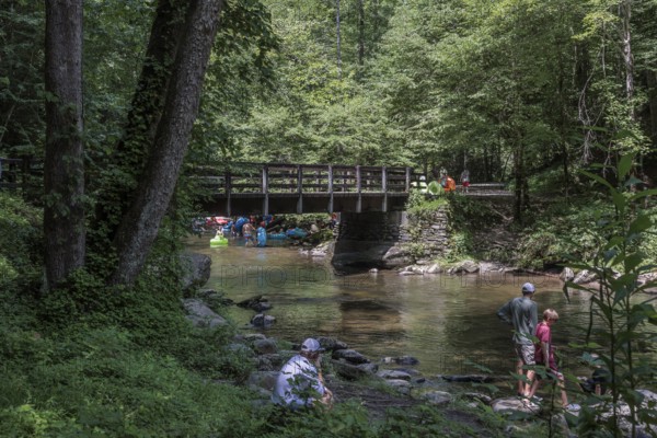 Visitors cross Trail Bridge to get upstream with inflatables for tubing along Deep Creek in the Smoky Mountains near Bryson City, North Carolina, USA
