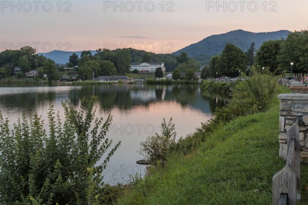 Shackford Hall event center on a hill at the end of the lake in Lake Junaluska, North Carolina