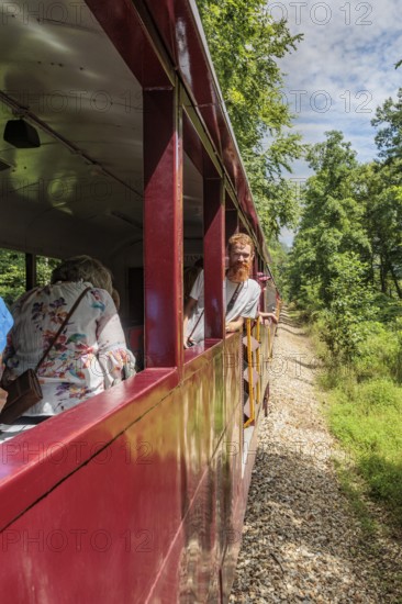Young man leaning out the window of the open air car on the Great Smoky Moutains Railroad during an excursion from Bryson City, North Carolina
