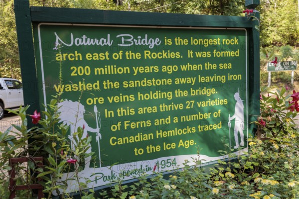 Sign at Natural Bridge Park describes the geology and natural vegetation within the park located near Natural Bridge, Alabama, USA