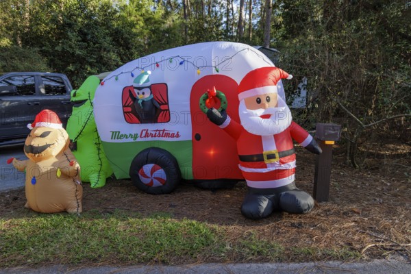Inflatable Christmas decorations at a campsite in Fort Wilderness campground at Walt Disney World in Orlando, Florida