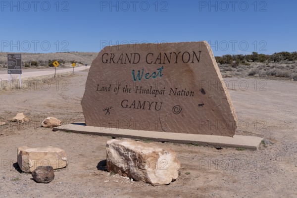 Entrance sign wlecoms visitors to Grand Canyon West near Peach Springs, Arizona