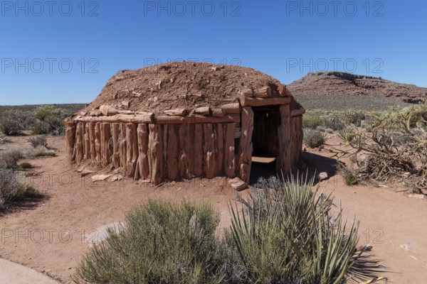 Navajo hogan exhibit teaches guests about native American culture at Grand Canyon West near Peach Springs, Arizona