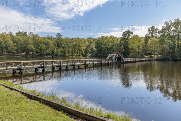Bridge on Cub Creek Trail over Cub Creek Lake in Natchez Trace State Park near Wildersville, Tennessee