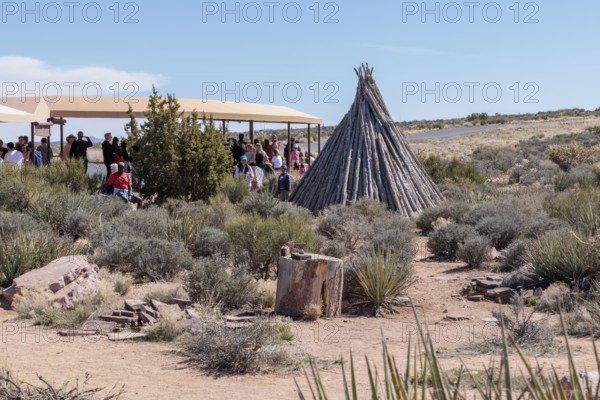 Native American cultural exhibits near the covered bus boarding area at the Eagle Point area of Grand Canyon West near Peach Springs, Arizona