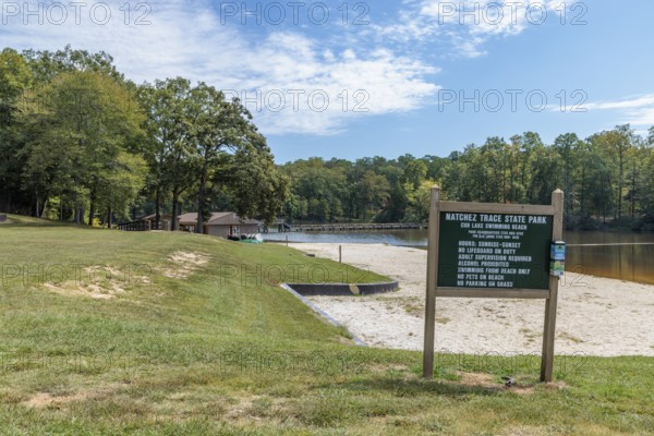 Sign for Cub Lake Swimming Beach in Natchez Trace State Park near Wildersville, Tennessee