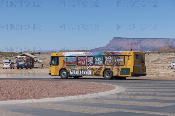 Colorful wrapped busses transport guests to attractions at Grand Canyon West near Peach Springs, Arizona