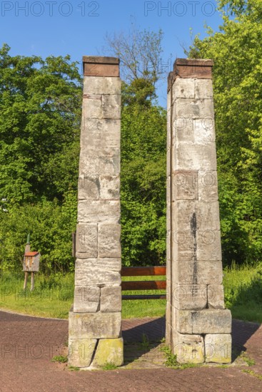 Supporting pillars for the art of rolling water in the salt works, 1000 years of salt production in Bad Sooden, Allendorf, Bad Sooden district, town history, graduation tower, white gold, brine, historical wealth, blue sky, Werra-Meissner district, Hesse, Germany