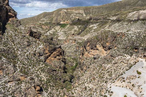 Hiking path Los Cahorros de Monachil, along the Rio Monachil river, narrow path in the river gorge, Monachil near Granada, Andalusia, Spain