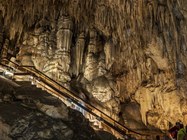 Cueva de Nerja, illuminated cave, large stalagmites and stalagtites, Nerja, Andalusia, Spain