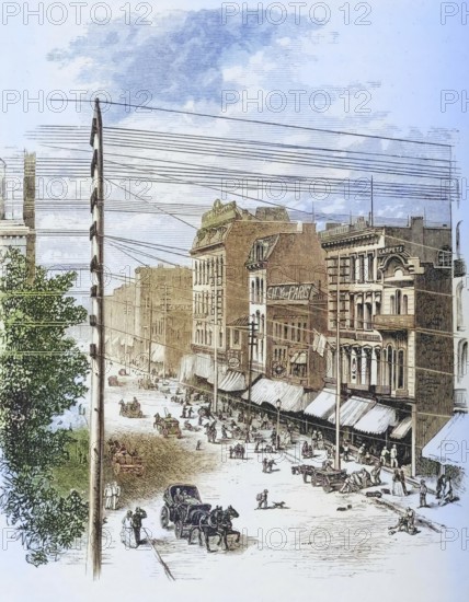 Clark Street, Chicago, Illinois, 1870s, America, digital reproduction from American Pictures, drawn with pen and pencil, coloured, by Samuel Manning, published circa 1880, Historical