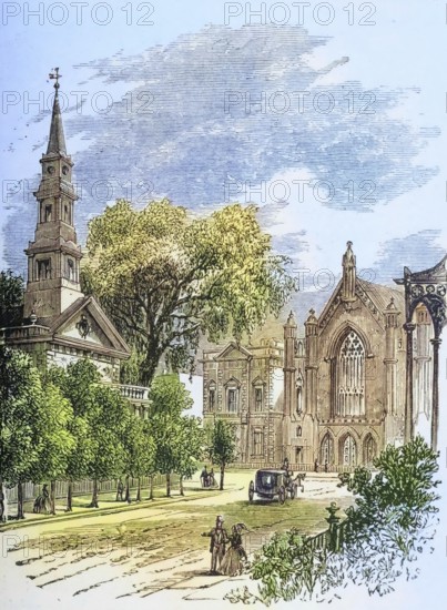 Saint Mark's Church in the Bowery, New York, 1870s, America, digital reproduction from American Pictures, drawn with pen and pencil, coloured, by Samuel Manning, published circa 1880, Historical