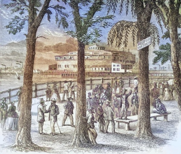 Castle Garden and Battery Park, New York, 1870s, America, digital reproduction from American Pictures, drawn with pen and pencil, coloured, by Samuel Manning, published circa 1880, Historical