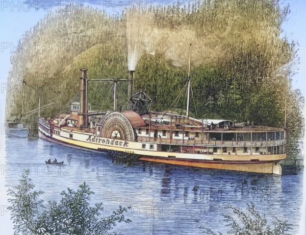 Excursion steamer on the Hudson River in New York State in the 1870s, America, digital reproduction from American Pictures, drawn with pen and pencil, coloured, by Samuel Manning, published circa 1880, Historical