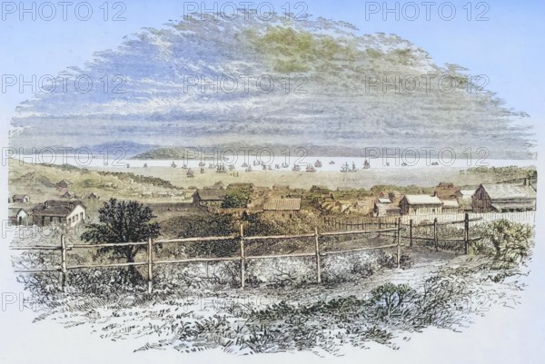 General view of San Francisco, California, in 1849, America, digital reproduction from American Pictures, drawn with pen and pencil, coloured, by Samuel Manning, published circa 1880, Historical