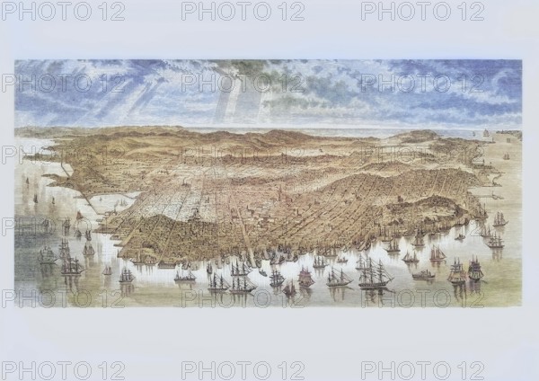 Bird's-eye view of San Francisco, California in 1875, America, digital reproduction from American Pictures, drawn with pen and pencil, coloured, by Samuel Manning, published circa 1880, Historical