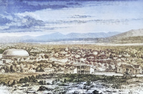 General view of Salt Lake City, Utah, in the 1870s, America, digital reproduction from American Pictures, drawn with pen and pencil, coloured, by Samuel Manning, published circa 1880, Historical