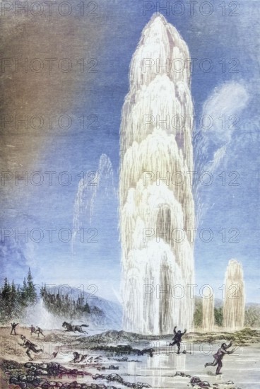 Giantess Geyser in Yellowstone National Park erupts in the 1870s, America, digital reproduction from American Pictures, drawn with pen and pencil, coloured, by Samuel Manning, published circa 1880, Historical