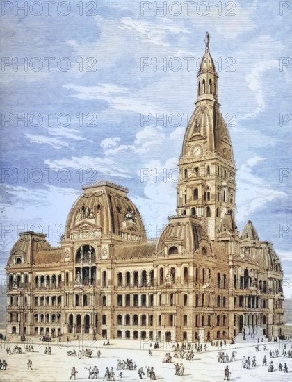 City Hall, Chicago, Illinois, 1870s, America, digital reproduction from American Pictures, drawn with pen and pencil, coloured, by Samuel Manning, published circa 1880, Historical