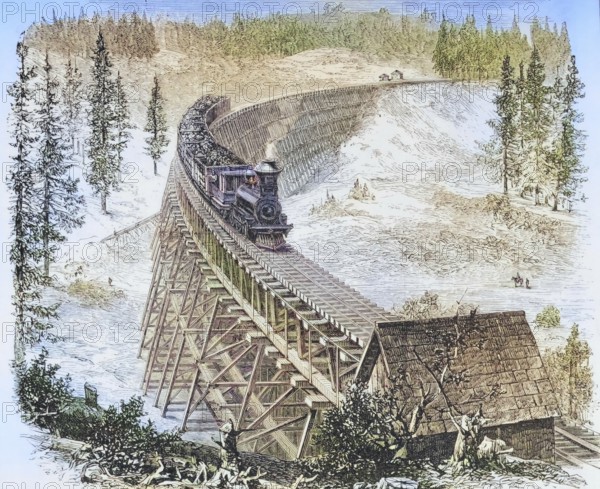 Trestle Bridge of the Central Pacific Railroad in the 1870s, America, digital reproduction from American Pictures, drawn with pen and pencil, coloured, by Samuel Manning, published circa 1880, Historical