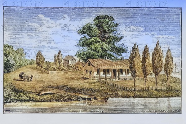 The first house built in Chicago, Illinois, circa 1850, America, digital reproduction from American Pictures, drawn in pen and pencil, coloured, by Samuel Manning, published circa 1880, Historical