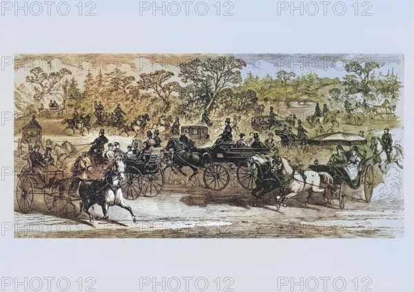 Carriages in Central Park New York in the 1870s, America, digital reproduction from American Pictures, drawn with pen and pencil, coloured, by Samuel Manning, published circa 1880, Historical