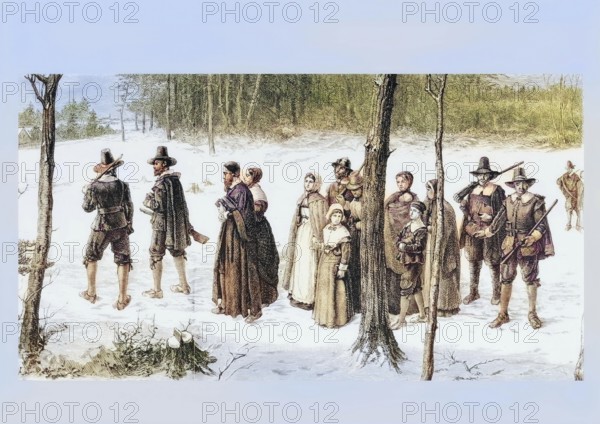 Pilgrim Fathers on their way to church, 1850, America, digital reproduction from American Pictures, drawn with pen and pencil, coloured, by Samuel Manning, published circa 1880, Historical