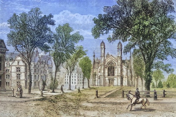 Gore Hall at Harvard College, Cambridge, Massachusetts, in the 1870s, America, digital reproduction from American Pictures, drawn in pen and pencil, coloured, by Samuel Manning, published circa 1880, Historical