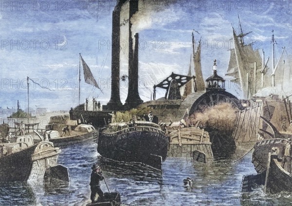 Grain fleet in the harbour of New York in the 1870s, America, digital reproduction from American Pictures, drawn with pen and pencil, coloured, by Samuel Manning, published circa 1880, Historical
