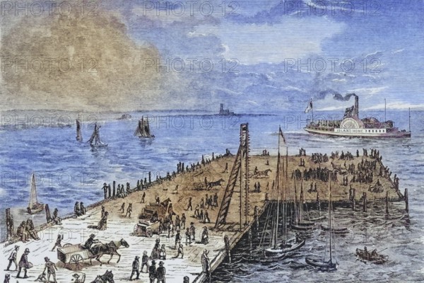The wharf on Nantucket Island, Massachusetts, in the 1870s, America, digital reproduction from American Pictures, drawn in pen and pencil, coloured, by Samuel Manning, published circa 1880, Historical